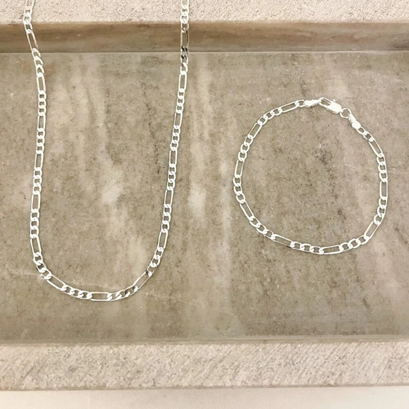 925 Sterling Silver Figaro Chain Necklace Flat Link Necklace 4 MM Links - Picture 7 of 7